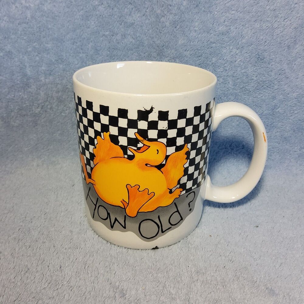 Vintage FLB L Burnett Duck Coffee Mug How Old Black White Checkered Birthday